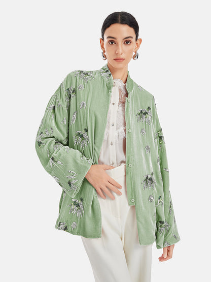 Şık Kadife Nakışlı Etnik Ceket