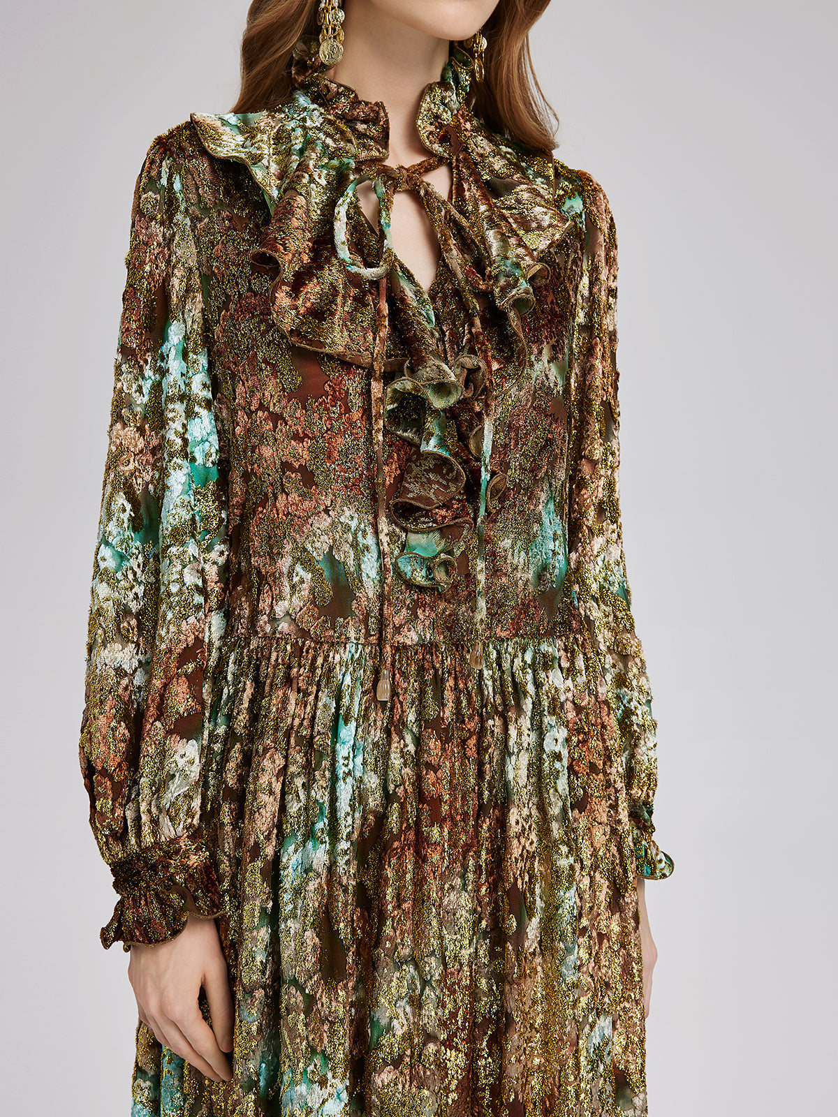 Yakma Kadife Altın Gölgeli Desenli Elbise