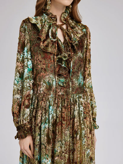 Yakma Kadife Altın Gölgeli Desenli Elbise