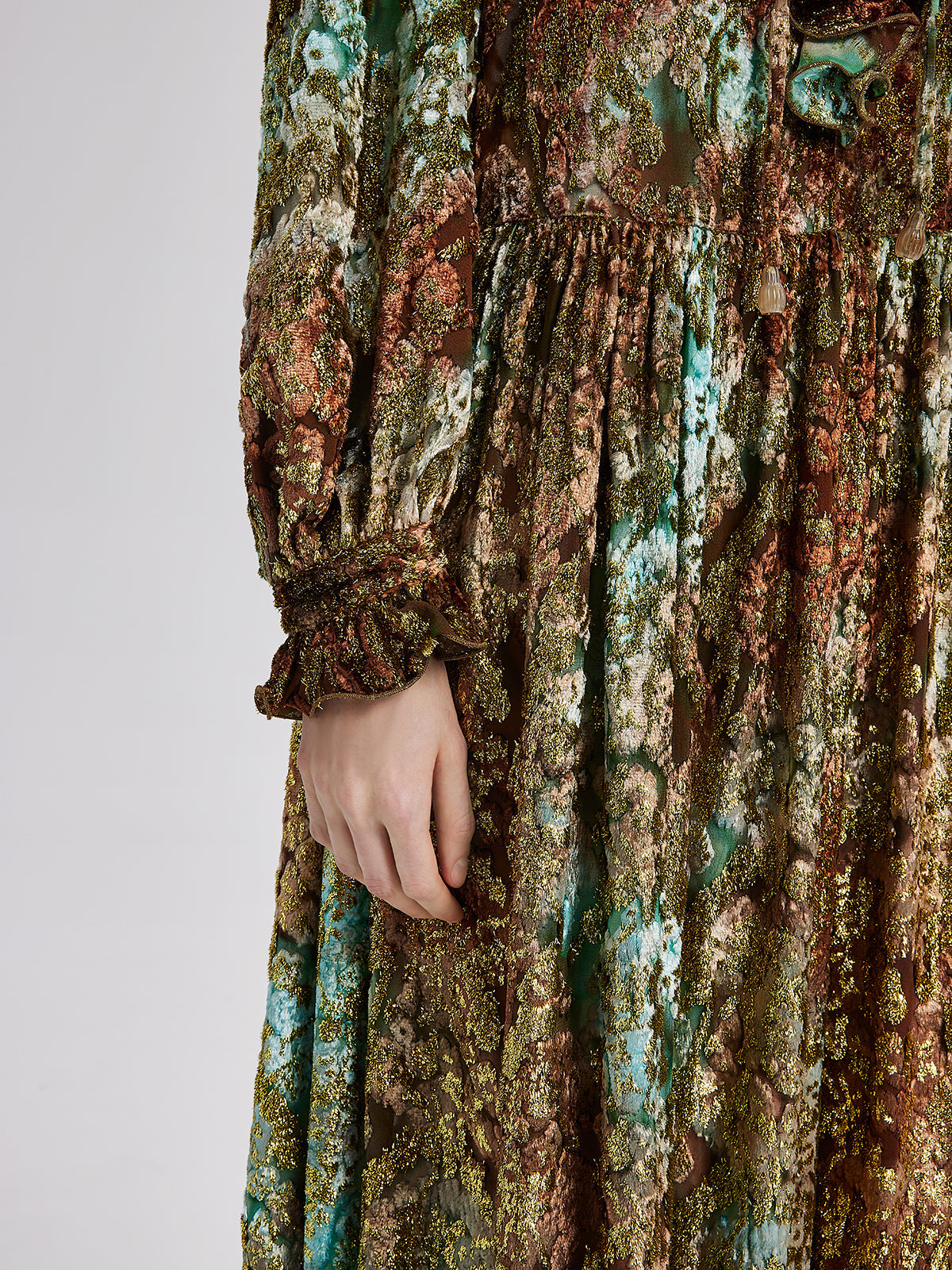 Yakma Kadife Altın Gölgeli Desenli Elbise