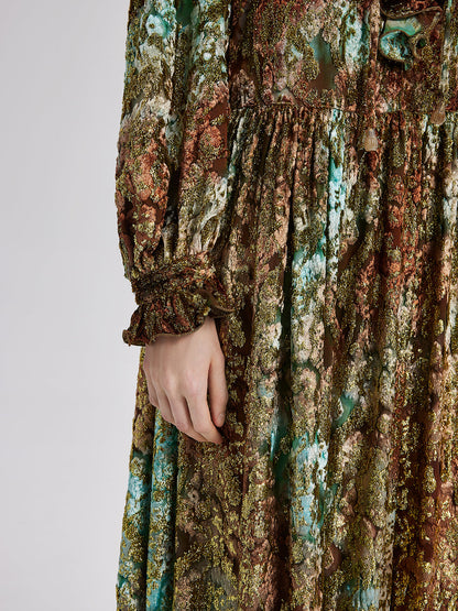 Yakma Kadife Altın Gölgeli Desenli Elbise