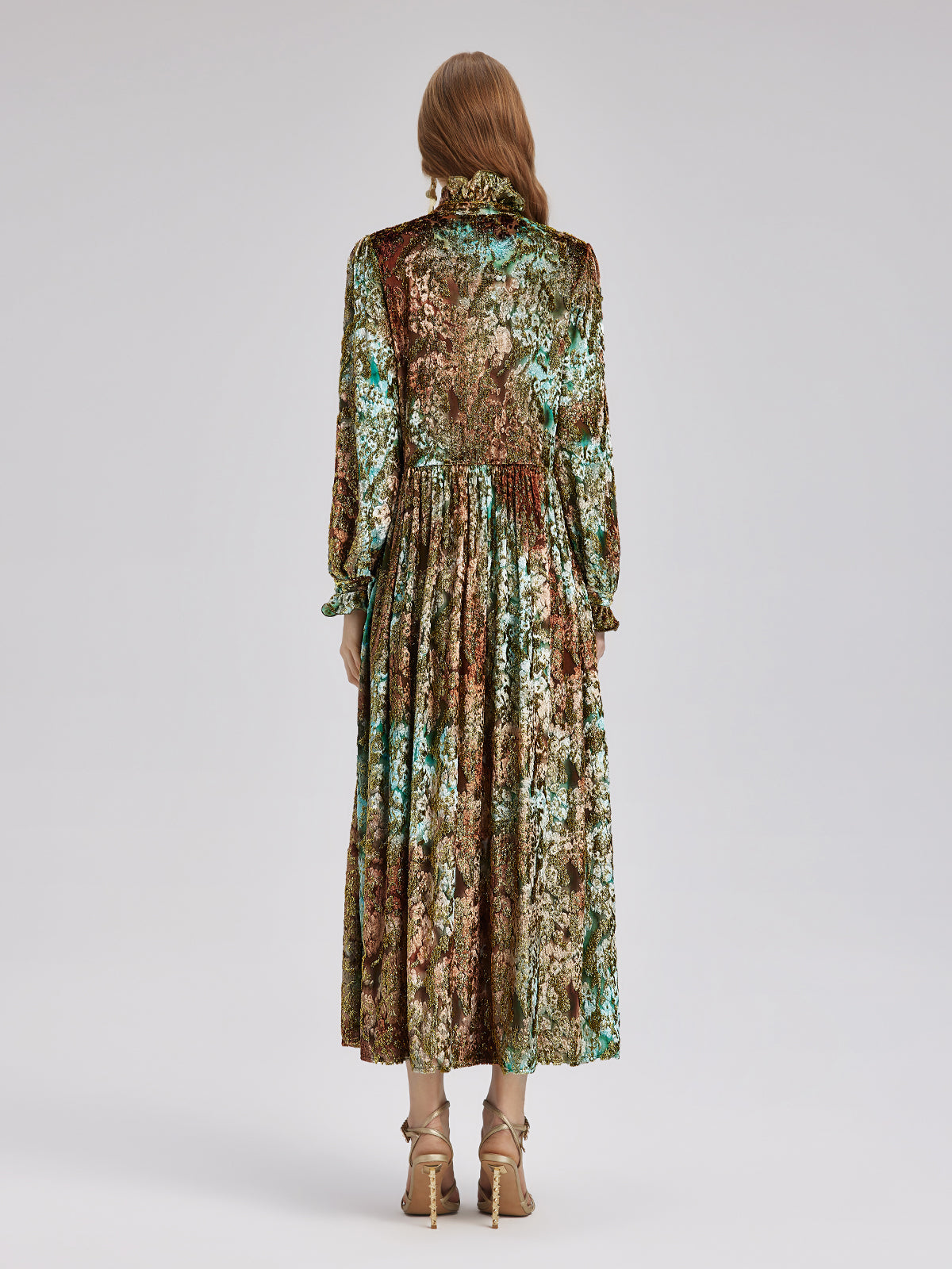 Yakma Kadife Altın Gölgeli Desenli Elbise