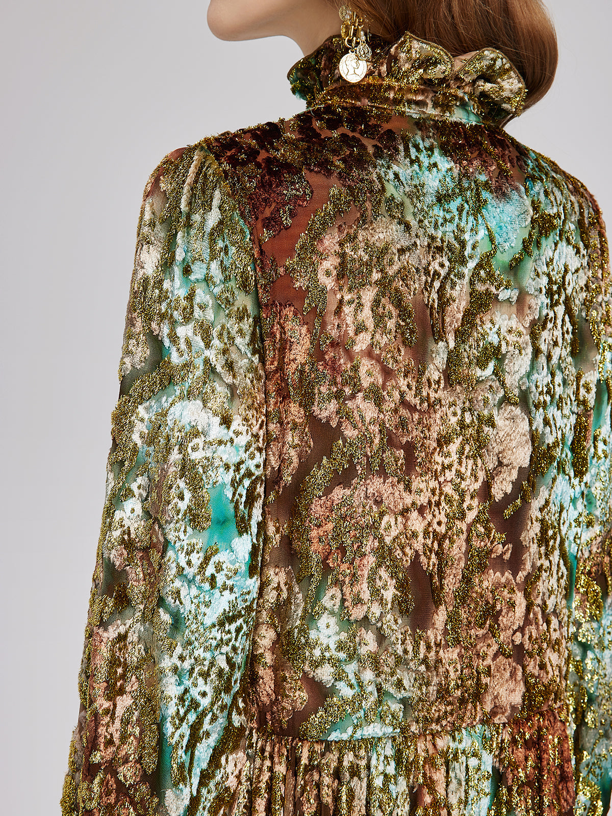 Yakma Kadife Altın Gölgeli Desenli Elbise