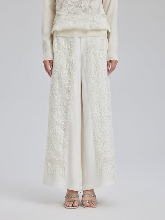 Fransız Dantel Parçalı Jakar Saten Pantolon