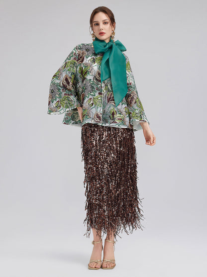 Yeşil Pullu Çiçekli Bol Ceket