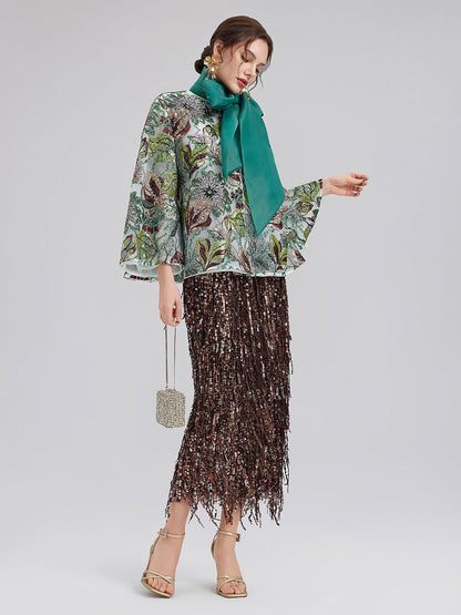 Yeşil Pullu Çiçekli Bol Ceket