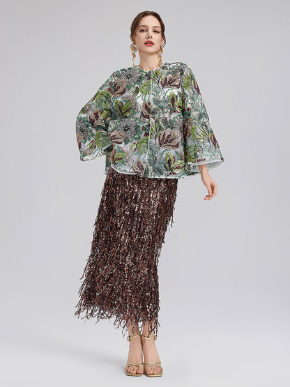 Yeşil Pullu Çiçekli Bol Ceket