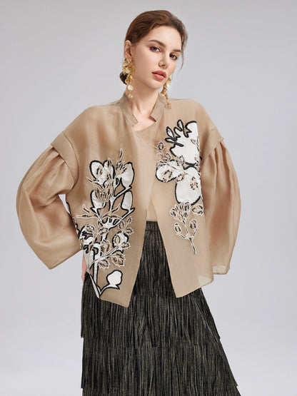 Lüks İpek Boncuklu Aplike Ceket