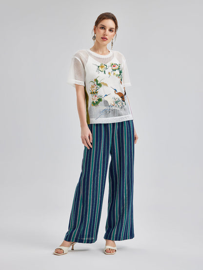 Hafif Çizgili Beli Lastikli Pantolon