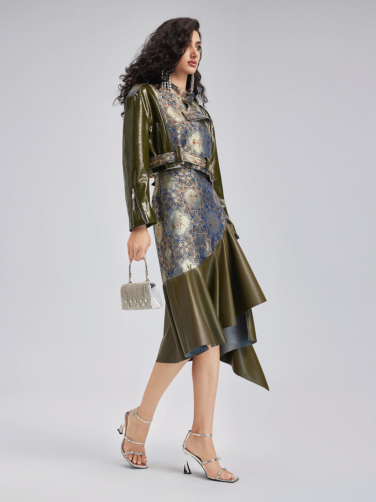 Lüks Brokar Deri Parçalı Etek