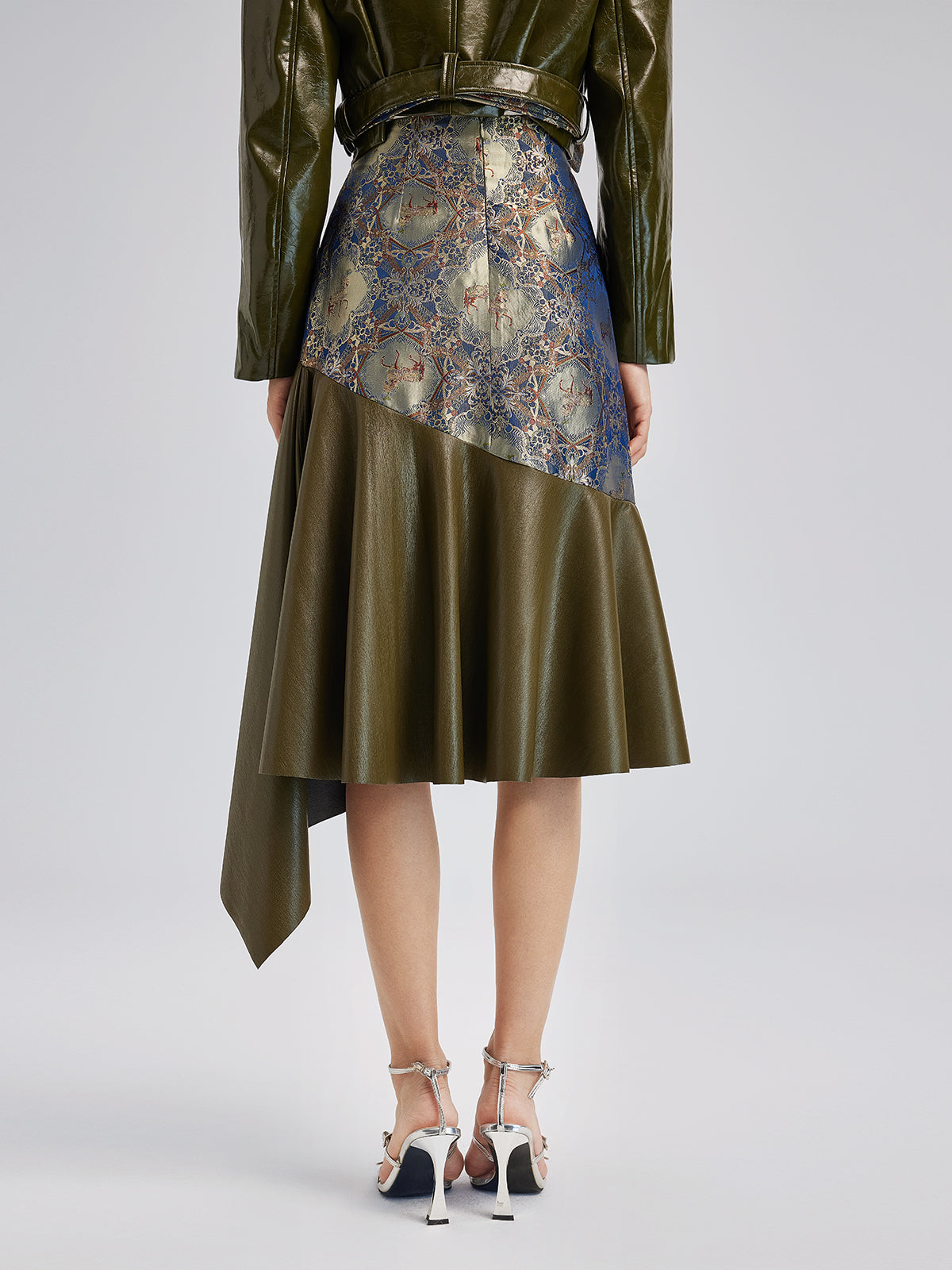 Lüks Brokar Deri Parçalı Etek