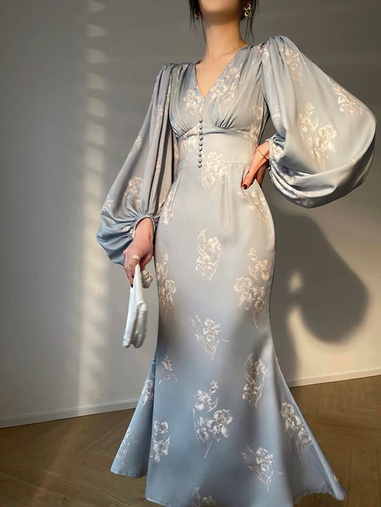 Elegant French Vintage V-neck Long Sleeve Slim Mermaid Midi Dress