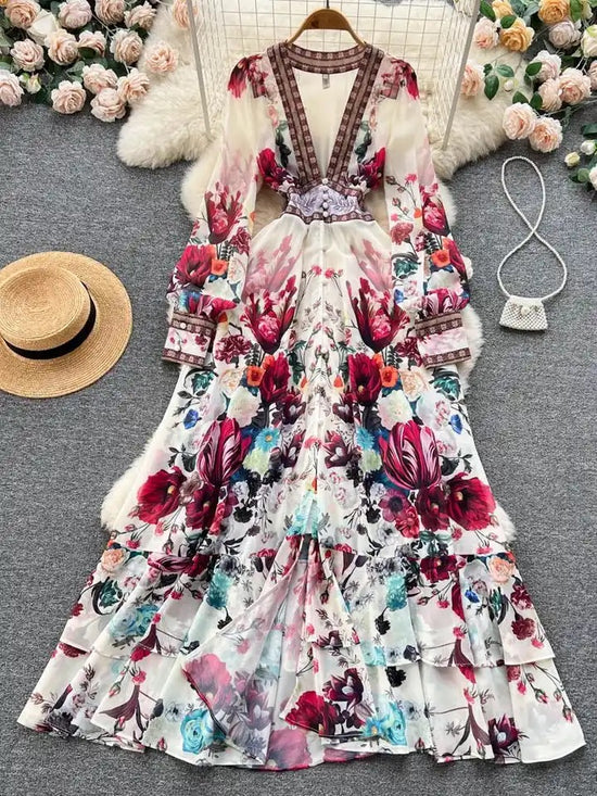 Formal Floral Boho V-neck Long Sleeve Chiffon Maxi Dress