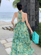 Chiffon Green Halter Neck Sleeveless Chiffon Maxi Wedding Guest Party Dress