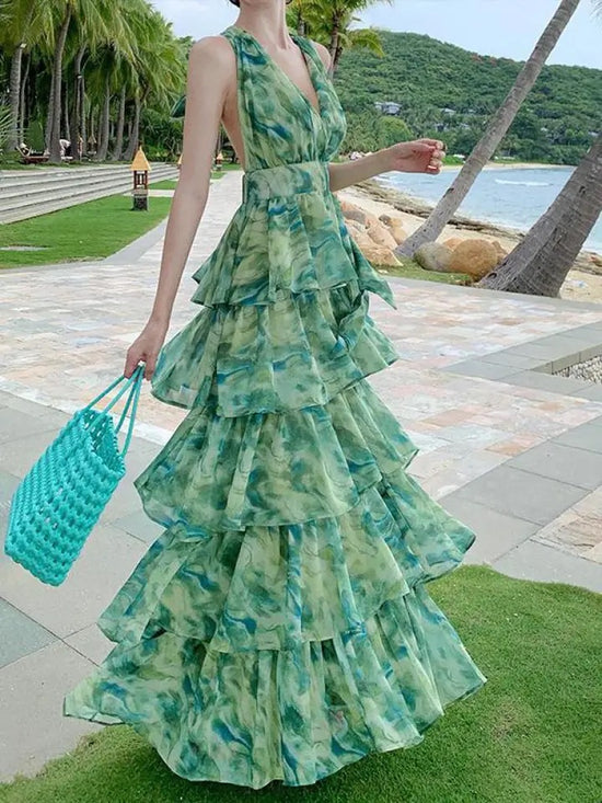 Chiffon Green Halter Neck Sleeveless Chiffon Maxi Wedding Guest Party Dress