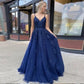 Navy Blue V-neck Prom Evening Long Tulle Lace Dresse