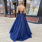 Navy Blue V-neck Prom Evening Long Tulle Lace Dresse