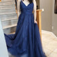 Navy Blue V-neck Prom Evening Long Tulle Lace Dresse