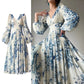 Vintage French Korean Elegant Floral V-neck Lantern Sleeve Midi Dress