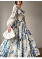 Vintage French Korean Elegant Floral V-neck Lantern Sleeve Midi Dress