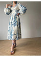 Vintage French Korean Elegant Floral V-neck Lantern Sleeve Midi Dress