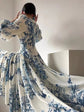 Vintage French Korean Elegant Floral V-neck Lantern Sleeve Midi Dress