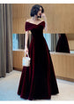 Prom Dress Wine Red Elegant Velvet Off Shoulder Evening Wedding Guest Dress