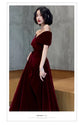 Prom Dress Wine Red Elegant Velvet Off Shoulder Evening Wedding Guest Dress