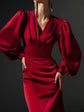 High Waist Elegant Satin Sexy Bodycon V-neck Long Sleeve Midi Dress