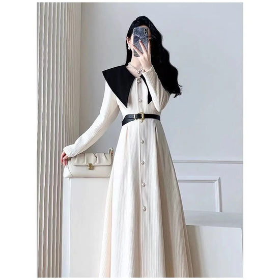 Polo Neck Button Slim Long Sleeve Dress With Belt