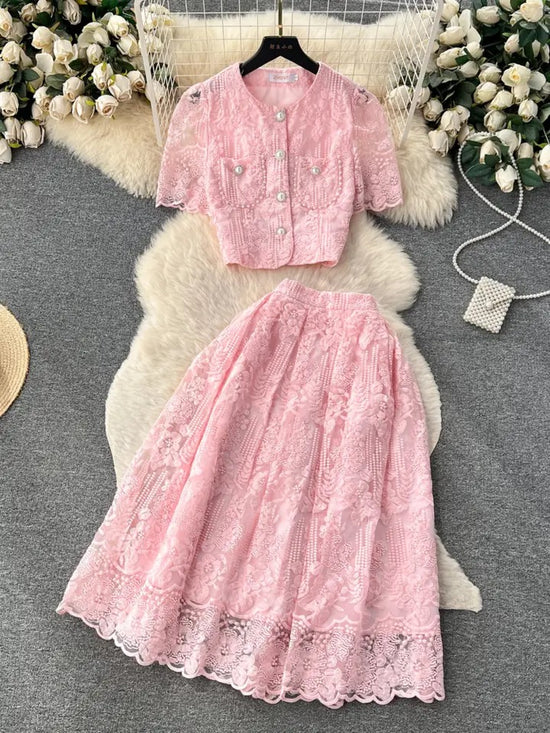 Summer Korean Two Piece Lace Set, Short Sleeve Shirt and Knee-length Skirt