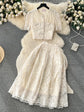 Summer Korean Two Piece Lace Set, Short Sleeve Shirt and Knee-length Skirt