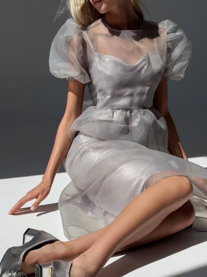 Zarif Gri Tül Detaylı Midi Elbise