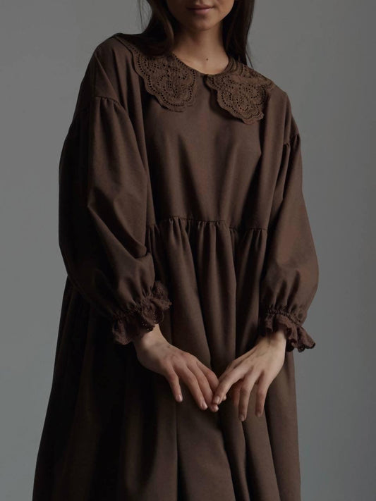 Dantel Detaylı Kahverengi Bohem Maxi Elbise