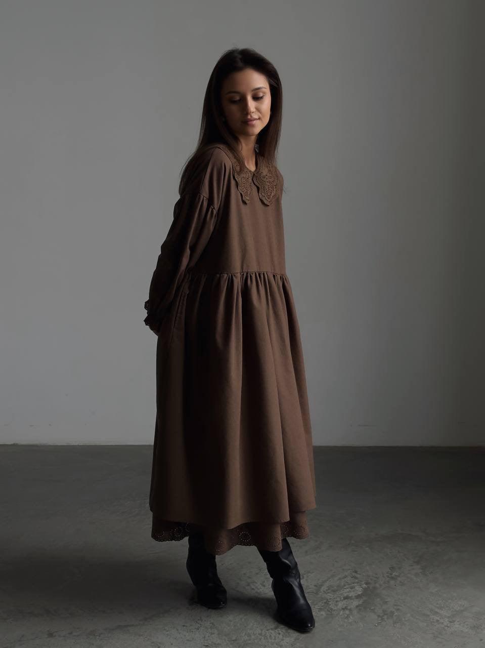 Dantel Detaylı Kahverengi Bohem Maxi Elbise