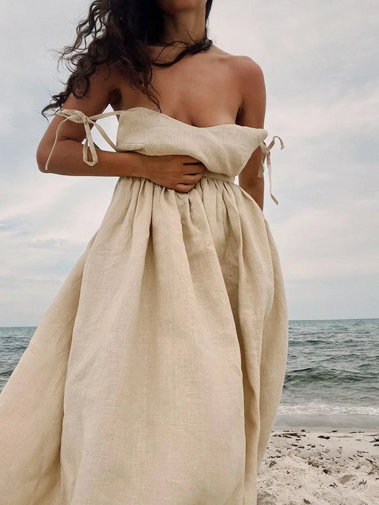 Summer Beach Style Sling Women  100% Cotton V-neck Dress