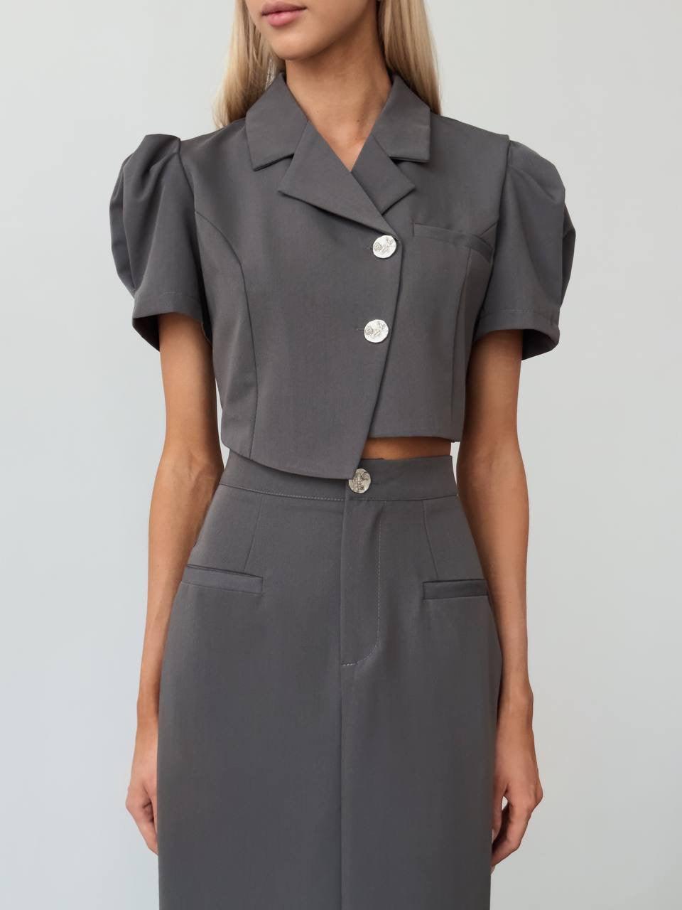 Zarif Gri Crop Ceket Takım
