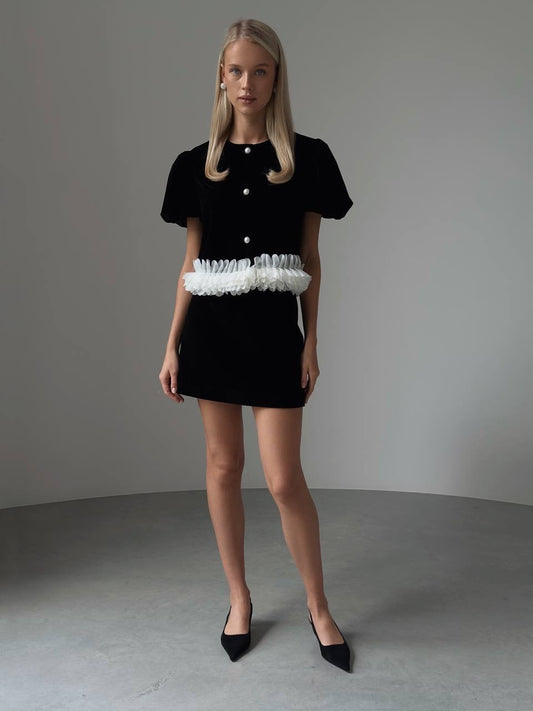 Çiçek Bel Detaylı Kadife Mini Takım