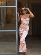 Spaghetti Strap Satin Floral Elegant Maxi Bodycon Dress