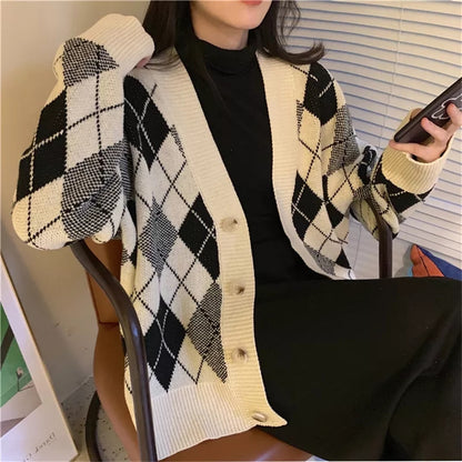 KNITTED ARGYLE WOMEN SWEATER CARDIGAN