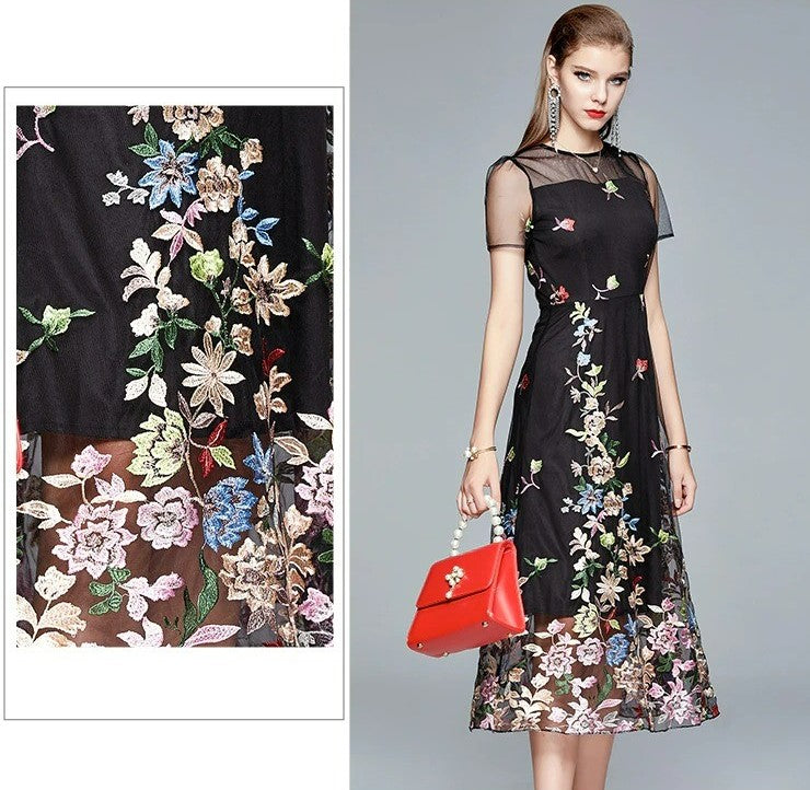 Summer Flowers Embroidery | Runway Mesh Dress | BoutiquElegance