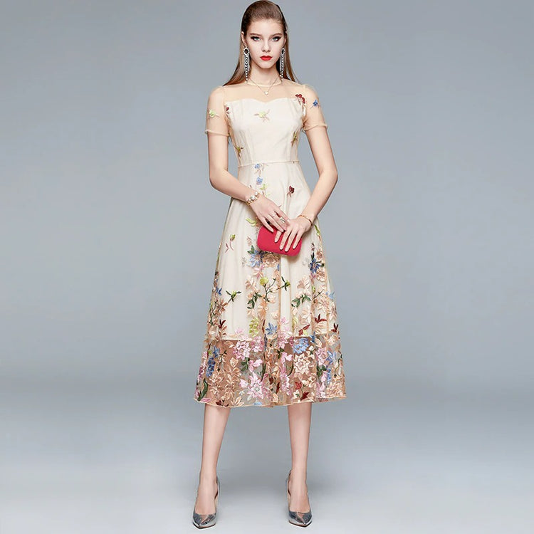 Summer Flowers Embroidery | Runway Mesh Dress | BoutiquElegance