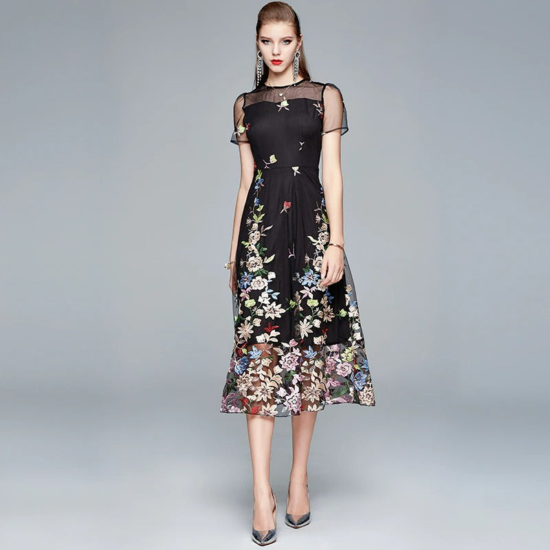 Summer Flowers Embroidery | Runway Mesh Dress | BoutiquElegance