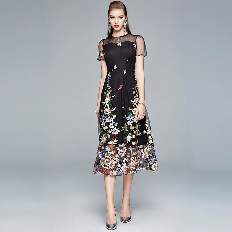 Summer Flowers Embroidery | Runway Mesh Dress | BoutiquElegance