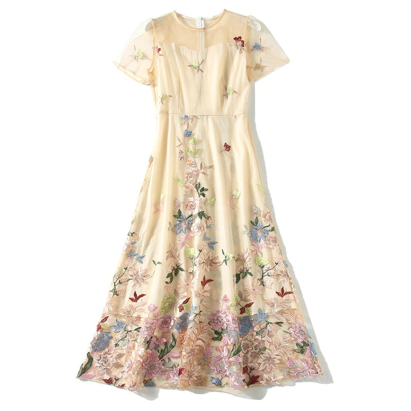 Embroidered Floral Dress for Women Summer Flower Embroidery Tulle
