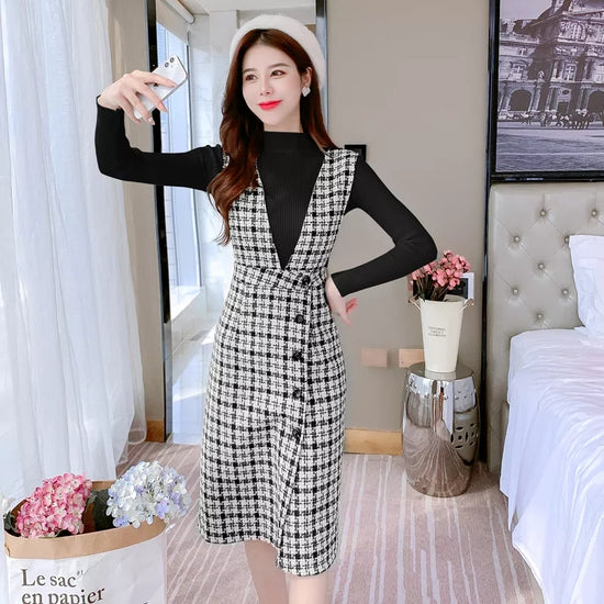 WOMEN PLAID STRAP DRESS + PULLOVER (2 PIECE SET)