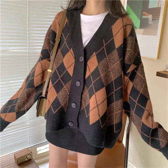 KNITTED ARGYLE WOMEN SWEATER CARDIGAN