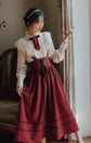 VINTAGE CUTE LACE BOW LANTERN SLEEVE SHIRT & BANDAGE STRIPE LONG SKIRT