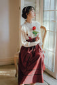 VINTAGE CUTE LACE BOW LANTERN SLEEVE SHIRT & BANDAGE STRIPE LONG SKIRT