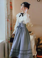 VINTAGE CUTE LACE BOW LANTERN SLEEVE SHIRT & BANDAGE STRIPE LONG SKIRT